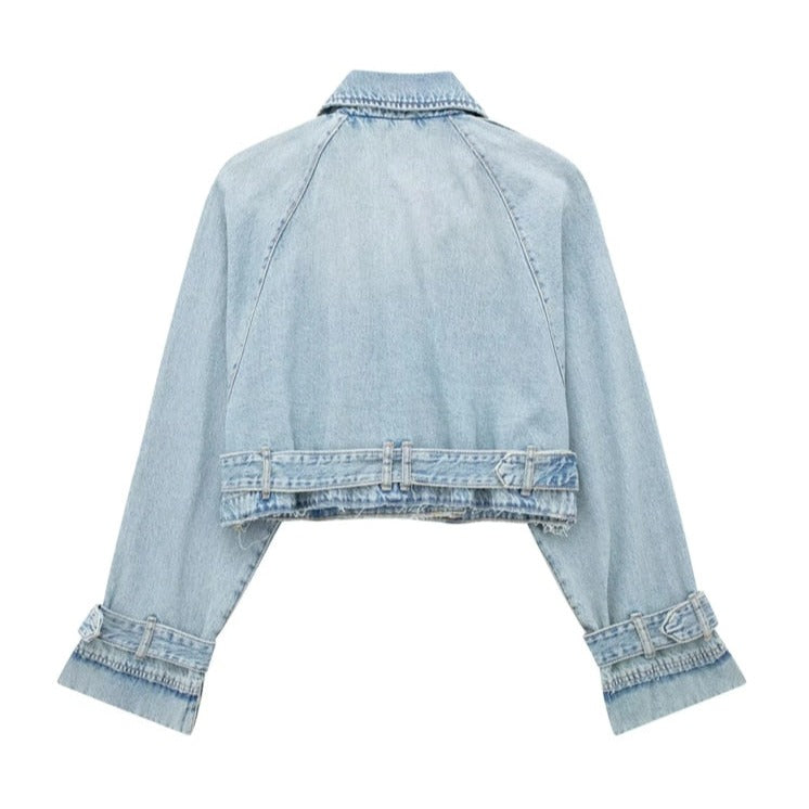 Chic Women's Light Blue Denim Jacket with Belt – Long Sleeve Short Style-Jackets-Lake and Ivy-Lake and Ivy