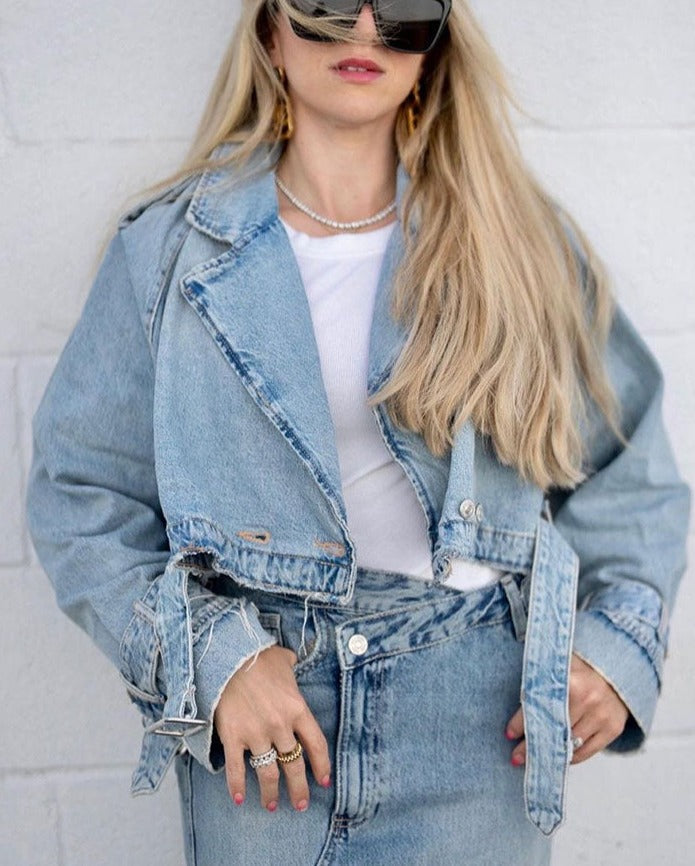 Chic Women's Light Blue Denim Jacket with Belt – Long Sleeve Short Style-Jackets-Lake and Ivy-Lake and Ivy