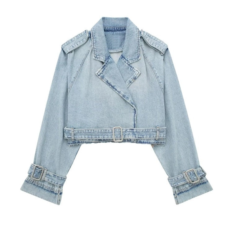 Chic Women's Light Blue Denim Jacket with Belt – Long Sleeve Short Style-Jackets-Lake and Ivy-Light Blue-XS-Lake and Ivy