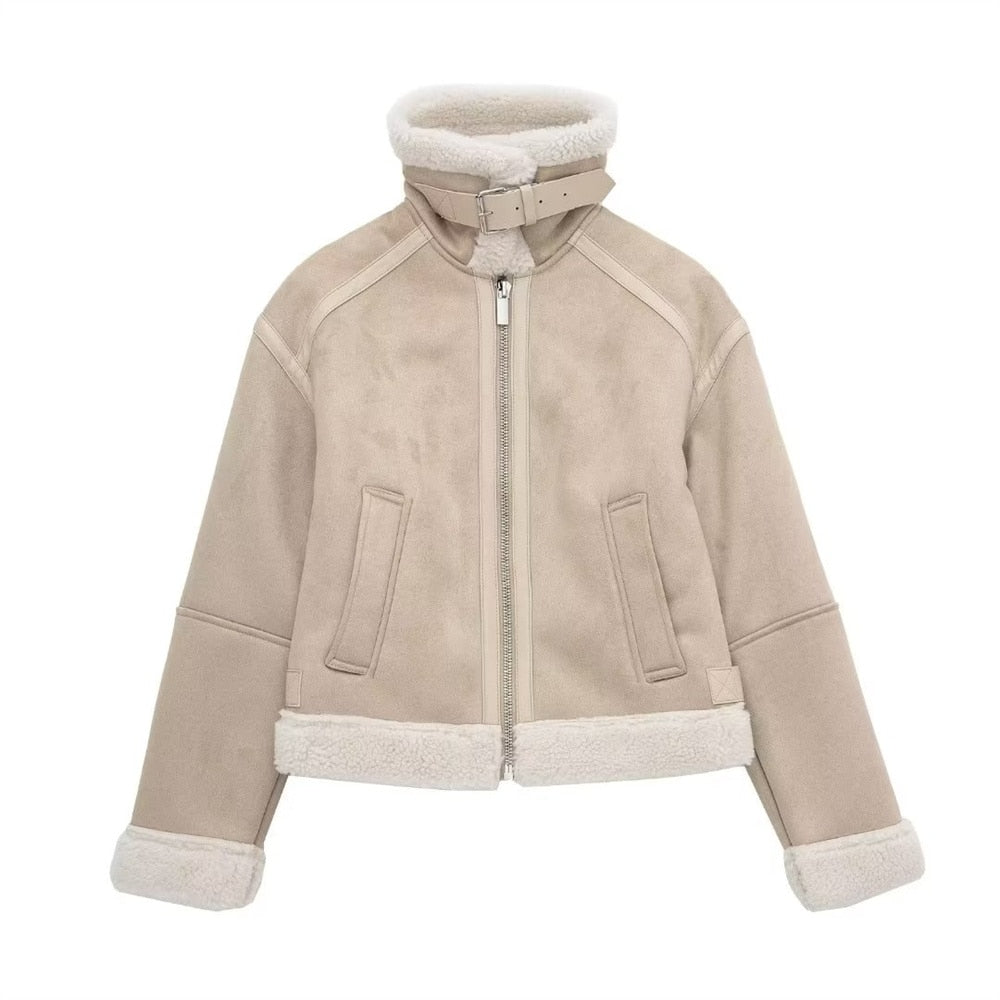 Elegant Women's Aviator Jacket with Faux Fur – Cozy Beige Winter Jacket Featuring Zipper and Collar-Jackets-Lake and Ivy-Lake and Ivy