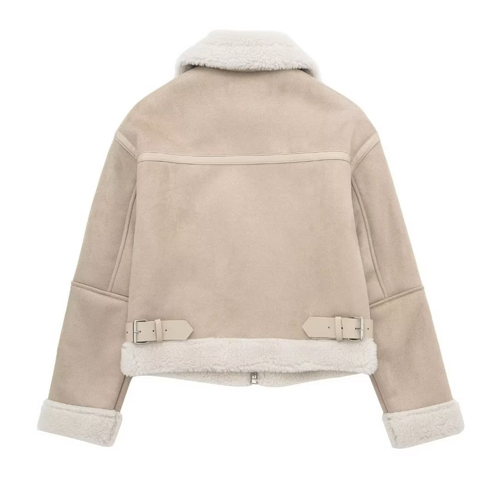 Elegant Women's Aviator Jacket with Faux Fur – Cozy Beige Winter Jacket Featuring Zipper and Collar-Jackets-Lake and Ivy-Lake and Ivy