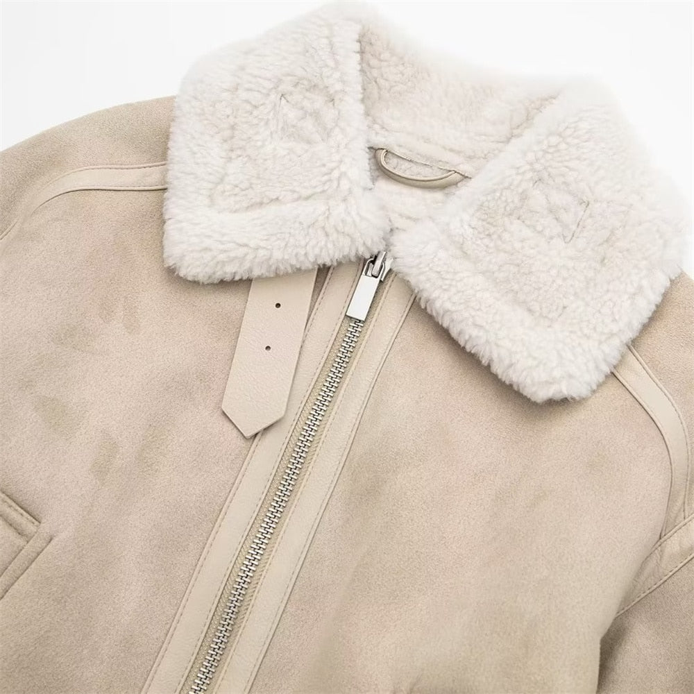 Elegant Women's Aviator Jacket with Faux Fur – Cozy Beige Winter Jacket Featuring Zipper and Collar-Jackets-Lake and Ivy-Lake and Ivy