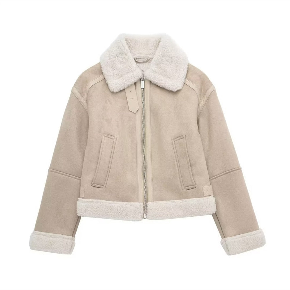 Elegant Women's Aviator Jacket with Faux Fur – Cozy Beige Winter Jacket Featuring Zipper and Collar-Jackets-Lake and Ivy-Beige-XS-Lake and Ivy