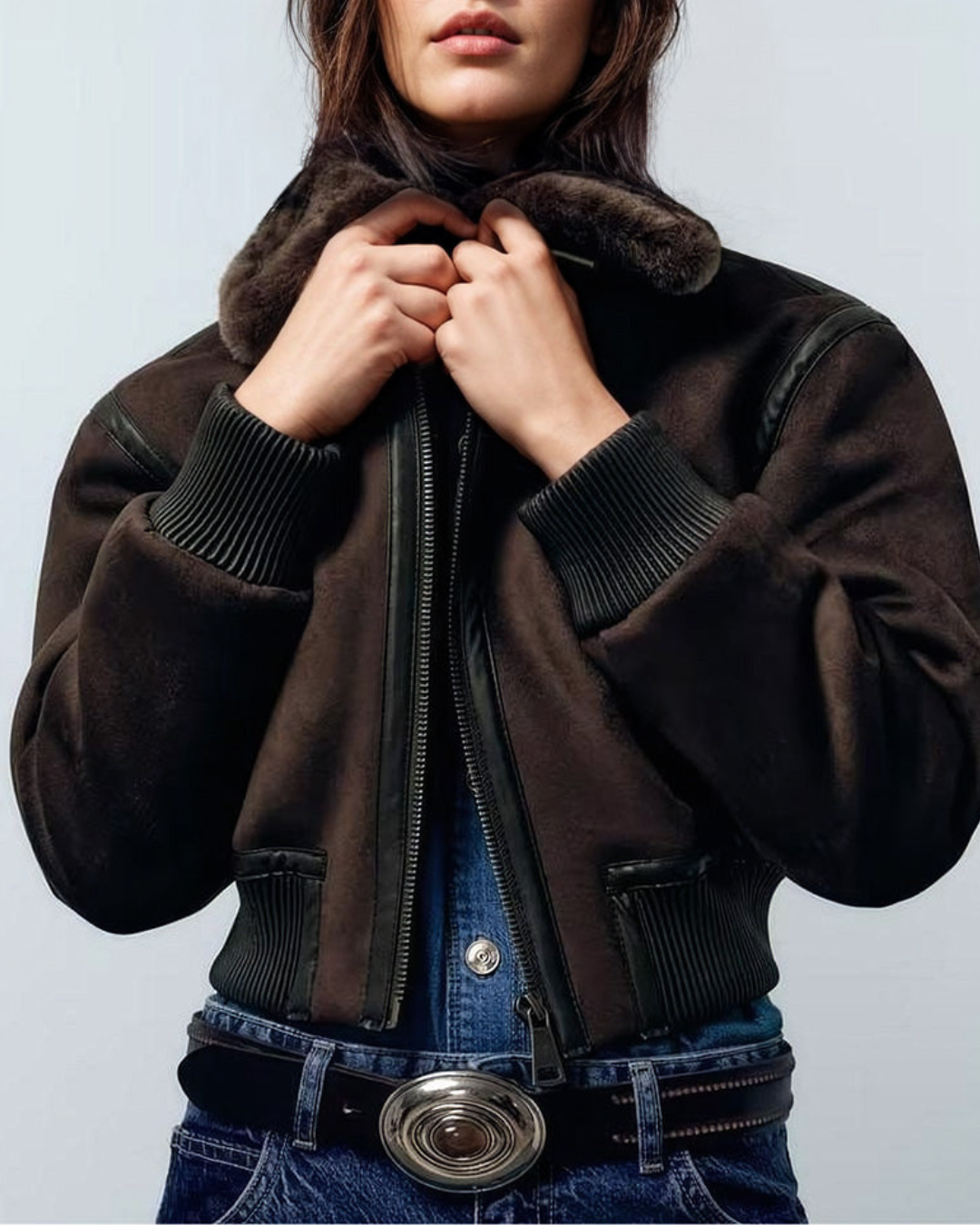 Elegant Women's Bomber Jacket with Faux Fur Collar – Cozy Short Jacket in Dark Brown-Jackets-Lake and Ivy-Lake and Ivy