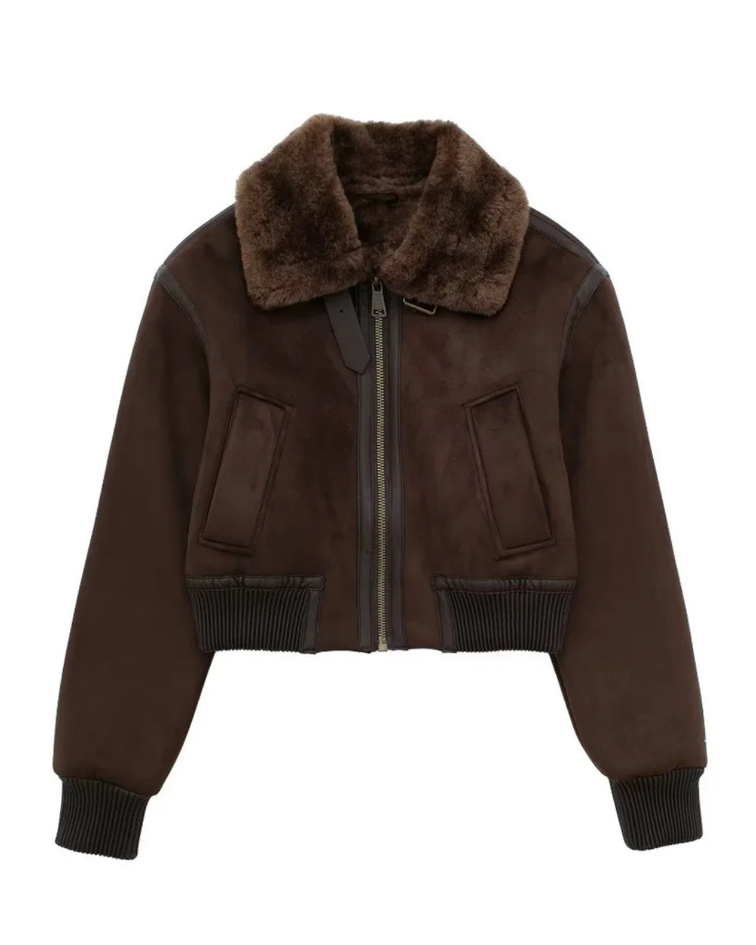 Elegant Women's Bomber Jacket with Faux Fur Collar – Cozy Short Jacket in Dark Brown-Jackets-Lake and Ivy-Dark Brown-XS-Lake and Ivy