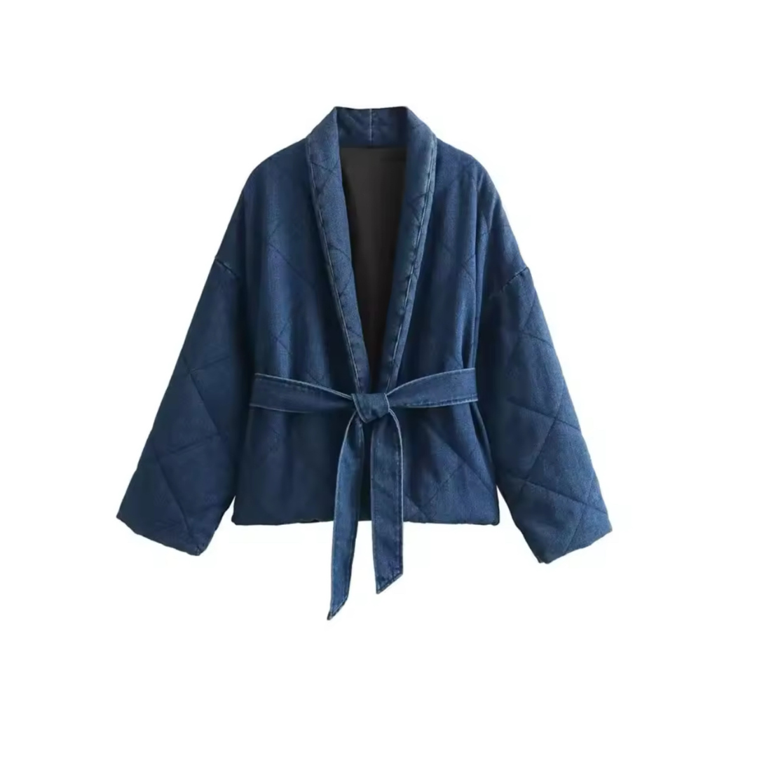 Warm Short Quilted Kimono Coat for Women with Tied Belt-Jackets-Lake and Ivy-Dark Blue-S-Lake and Ivy